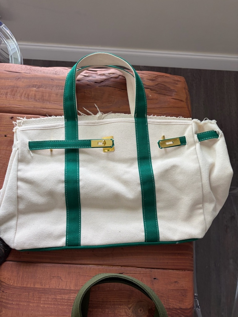 BOATKIN Canvas Tote with Green Trim and Gold Hardware
